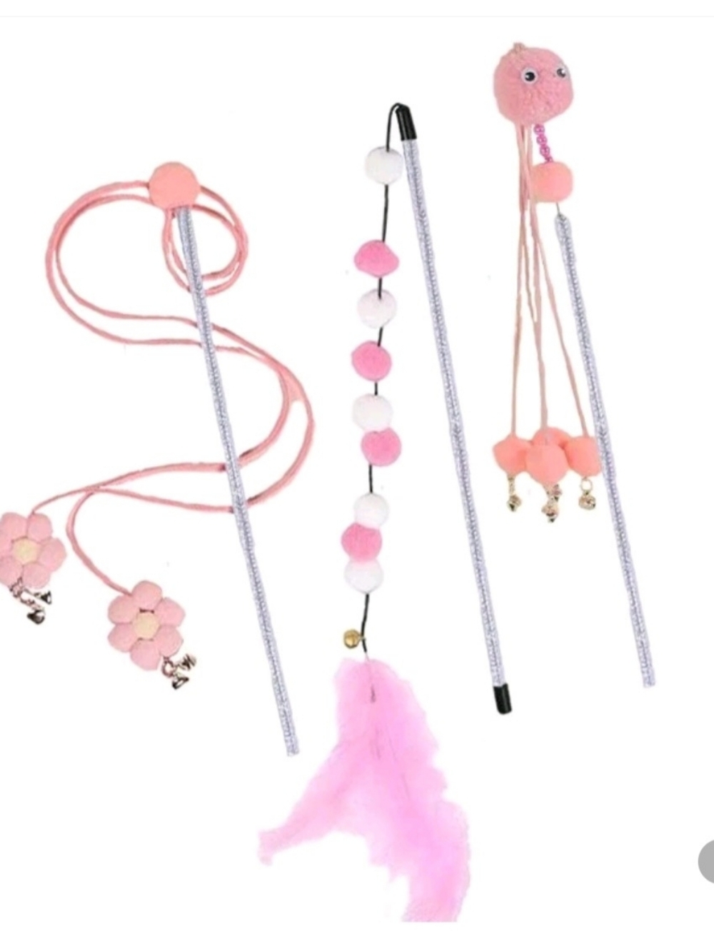 Pink Pom Pom & Feather Cat Wand Toy Set - 3 Pc